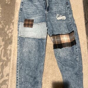 Hollister Blue and Brown Relaxed Jeans with Plaid Accents
